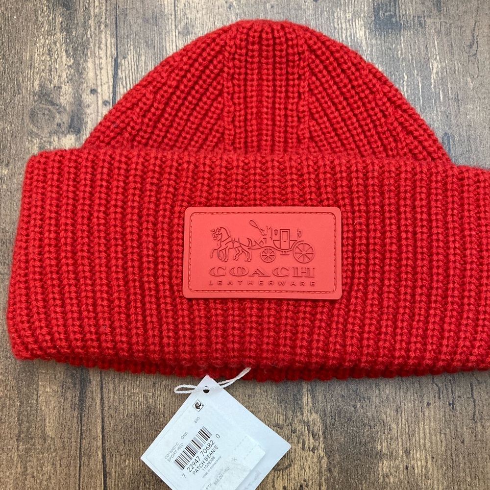 Coach Red Knit Hat with Ribbed Texture and Wide Brim